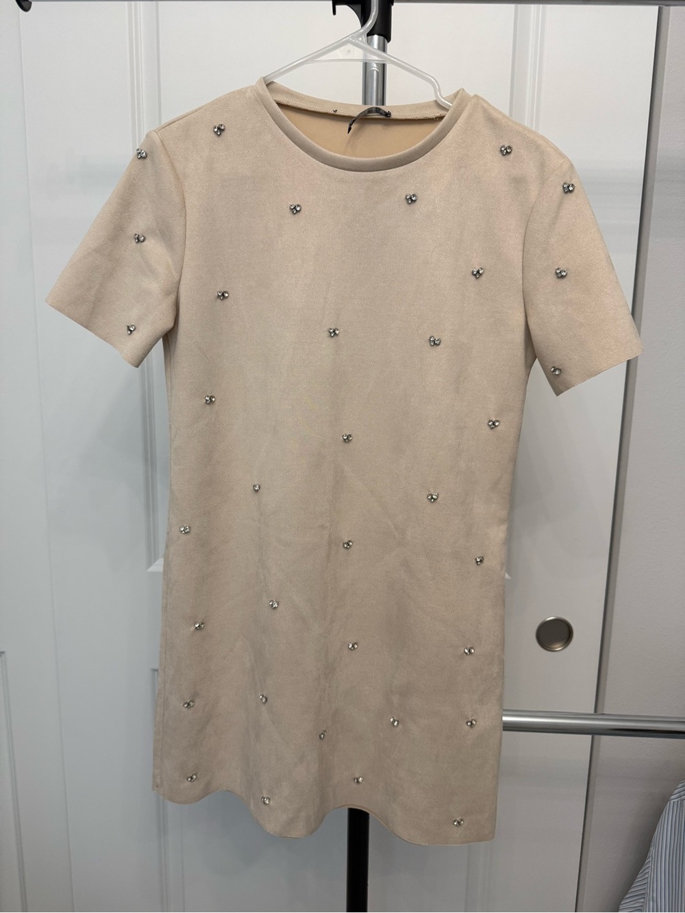 Zara Beige Short-Sleeve Embellished Shift Dress